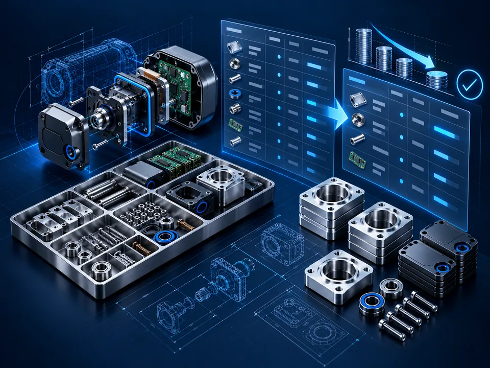 Illustrative engineering BOM rationalisation and component management workflow.