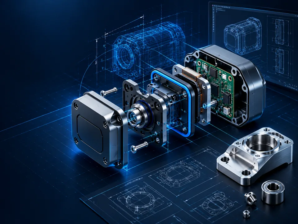 Illustrative 3D CAD product design showing an exploded electromechanical enclosure and internal components.