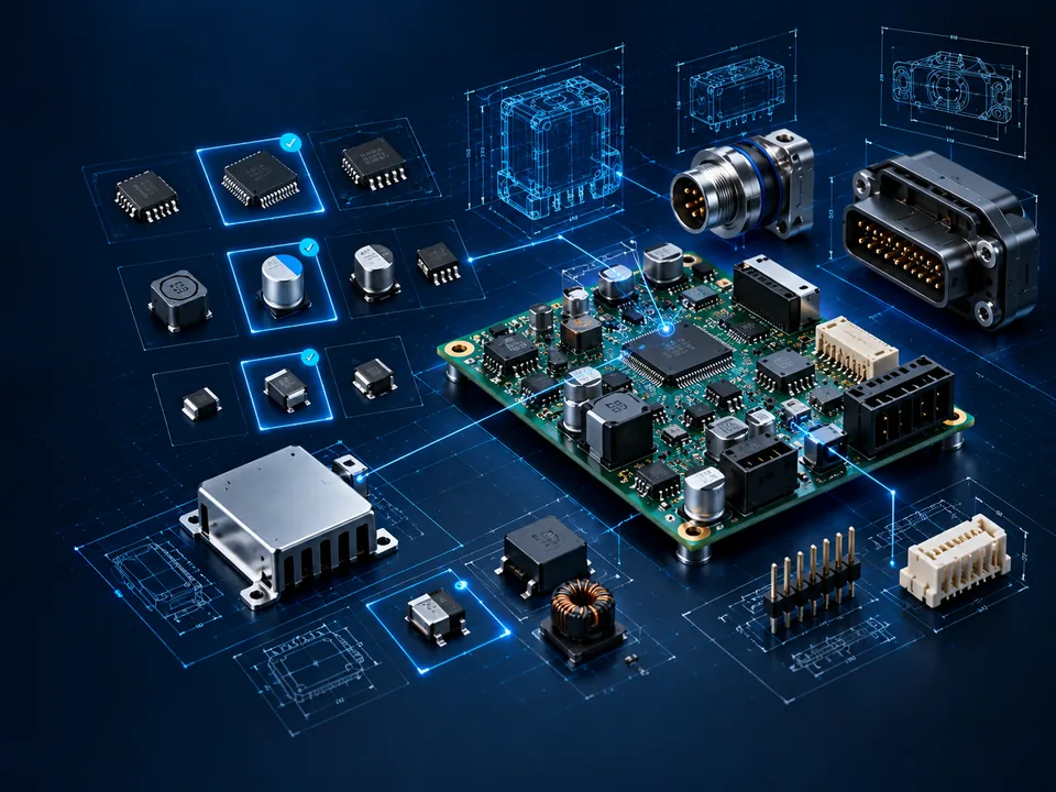 Illustrative electronics component engineering workspace with PCB and alternative components.