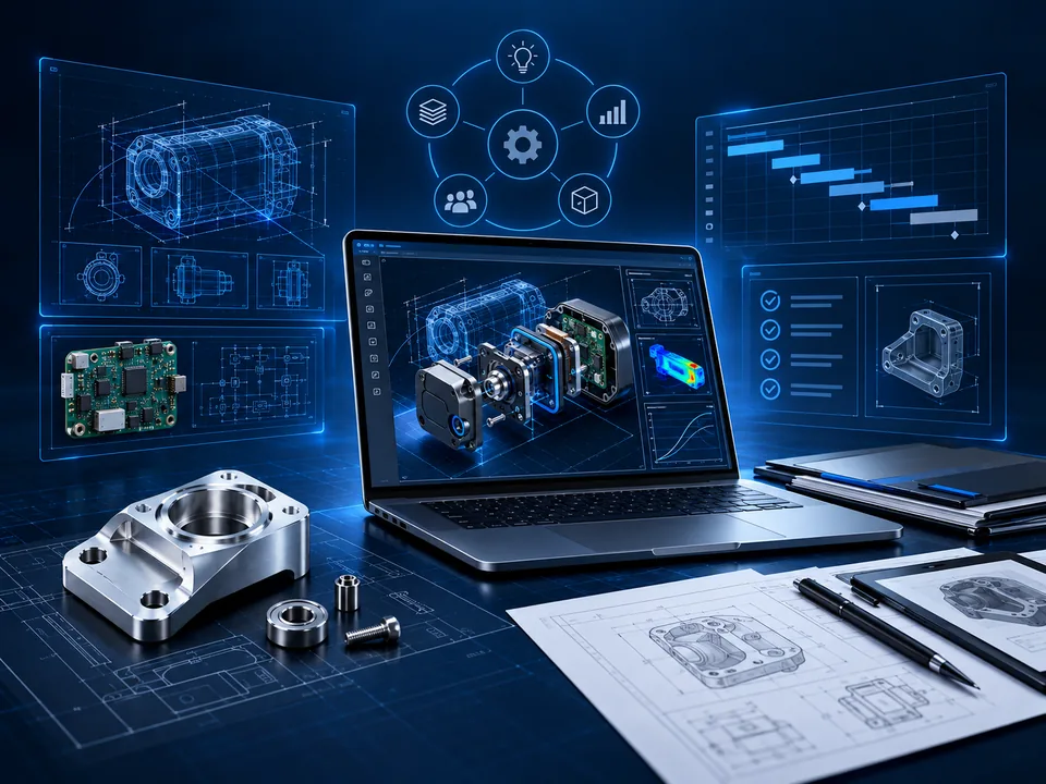 Engineering design workspace combining CAD, electronics, drawings and product development.