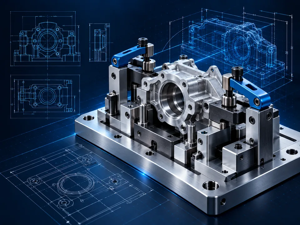 Illustrative precision assembly jig and fixture designed around a machined component.