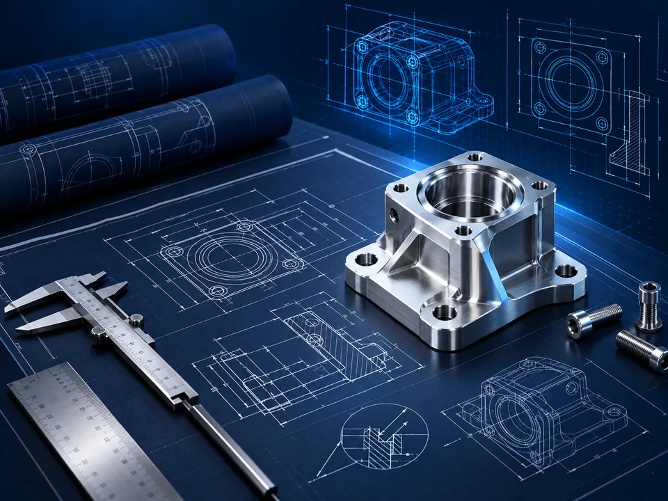 Illustrative precision engineering component shown with detailed manufacturing drawings.